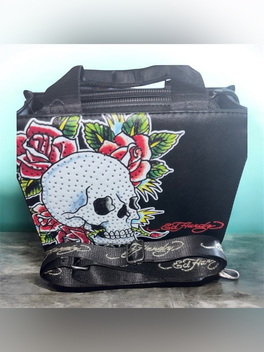 Ed Hardy Black Crossbody Bag with Red Roses and White Skull